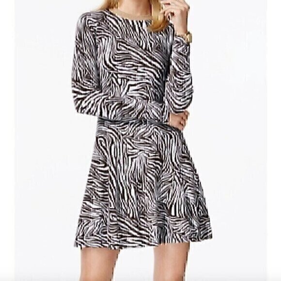 MICHAEL MICHAEL KORS MK Animal Print Metallic Sweater Dress Brown White Zebra M - Picture 1 of 12